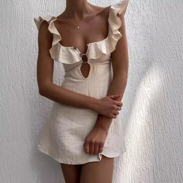 Hollow Out Button Ruffles V Neck Sleeveless Solid Color Short Dress - Image 2