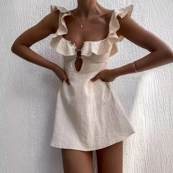 Hollow Out Button Ruffles V Neck Sleeveless Solid Color Short Dress - Image 3