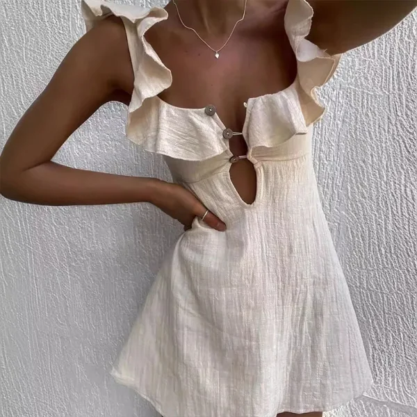 Hollow Out Button Ruffles V Neck Sleeveless Solid Color Short Dress - Image 4