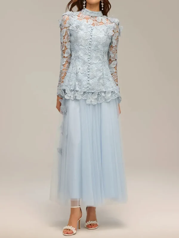 Hollow Out Spliced Lace Round Neck Long Sleeves Top High Waist Skirt Sets
