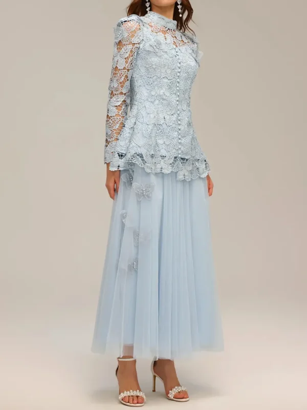 Hollow Out Spliced Lace Round Neck Long Sleeves Top High Waist Skirt Sets - Image 2