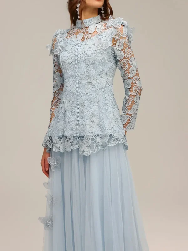 Hollow Out Spliced Lace Round Neck Long Sleeves Top High Waist Skirt Sets - Image 4