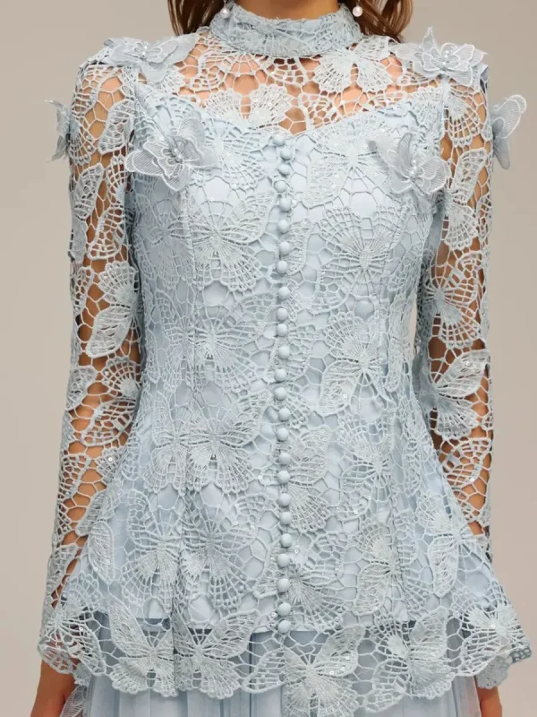 Hollow Out Spliced Lace Round Neck Long Sleeves Top High Waist Skirt Sets - Image 5