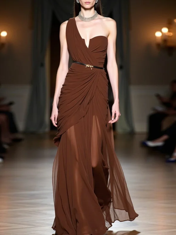 Irregular Neck Sleeveless High Waist Solid Spliced Mesh Slimming Temperament Dress