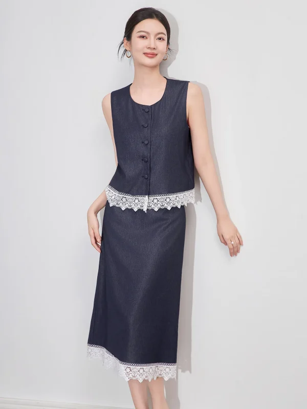 Lace Patchwork Sleeveless Denim Top and Skirt Suit Two Pieces Suit
