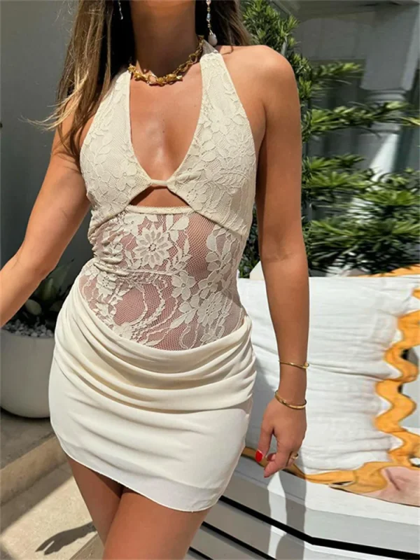 Lace Sheer Backless V-neck Embroidered Patchwork Solid Trend Party Bodycon Dress - Image 3