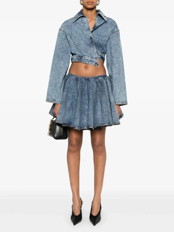 Lapel Long Sleeve Spliced Zipper Coat High Waist Mini Skirt Two Piece Set - Image 2