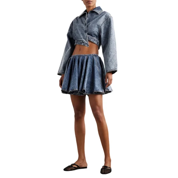 Lapel Long Sleeve Spliced Zipper Coat High Waist Mini Skirt Two Piece Set - Image 3