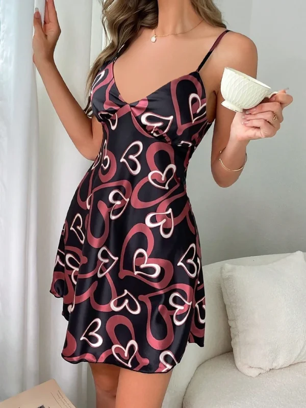 Elegant Soft Floral Print Satin V-Neck Adjustable Straps Nightdress - Image 2