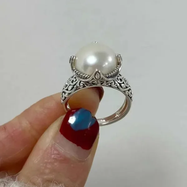 Luxury 925 Sterling Silver Hollowed Pearl ​​Adjustable Wedding Cocktail Rings - Image 2