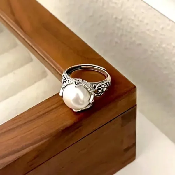 Luxury 925 Sterling Silver Hollowed Pearl ​​Adjustable Wedding Cocktail Rings - Image 3