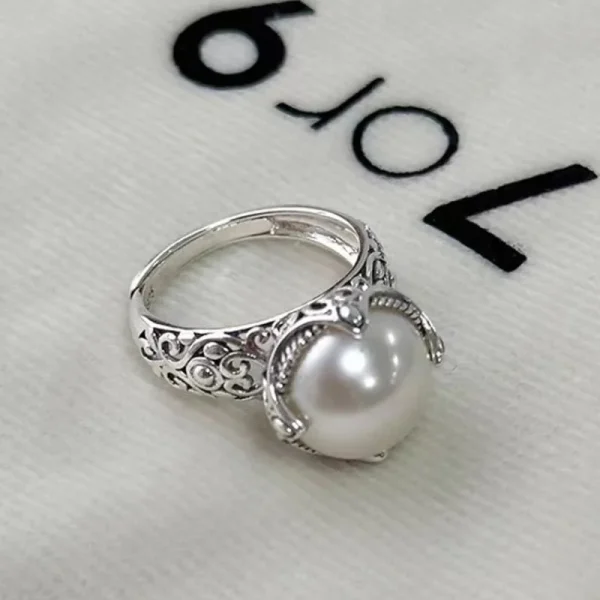 Luxury 925 Sterling Silver Hollowed Pearl ​​Adjustable Wedding Cocktail Rings - Image 4