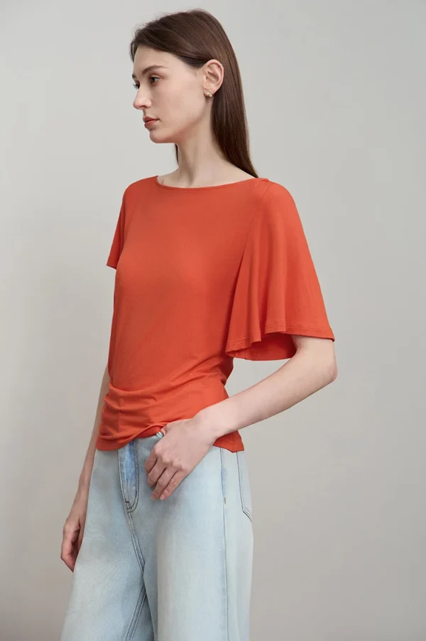 Luxury Boat Neck Asymmetric Short Sleeve Tee Minimalist Slim Fit T-Shirt - Image 3
