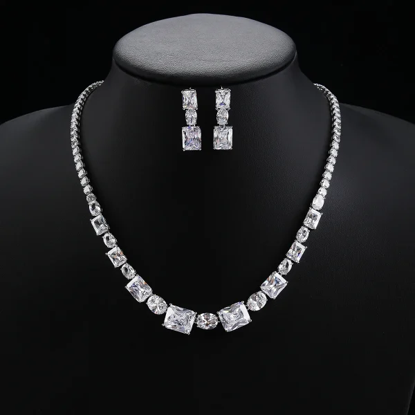 Luxury Crystal Flower Cubic Zircon Copper Necklace Earring Jewelry Sets - Image 4
