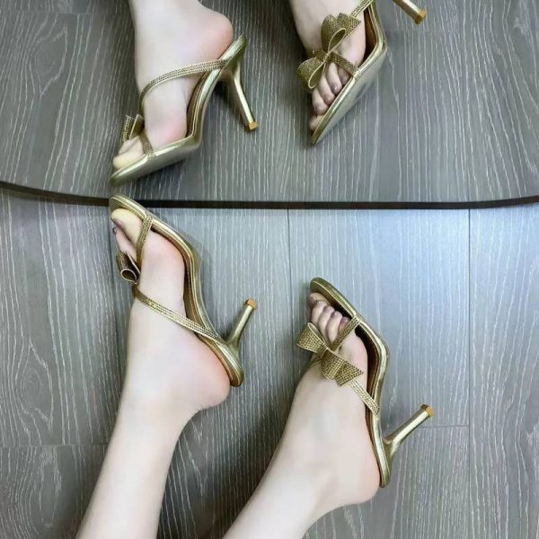 Luxury Crystal Rhinestones Bowknot Narrow Band Stiletto High Heels Sandals - Image 6