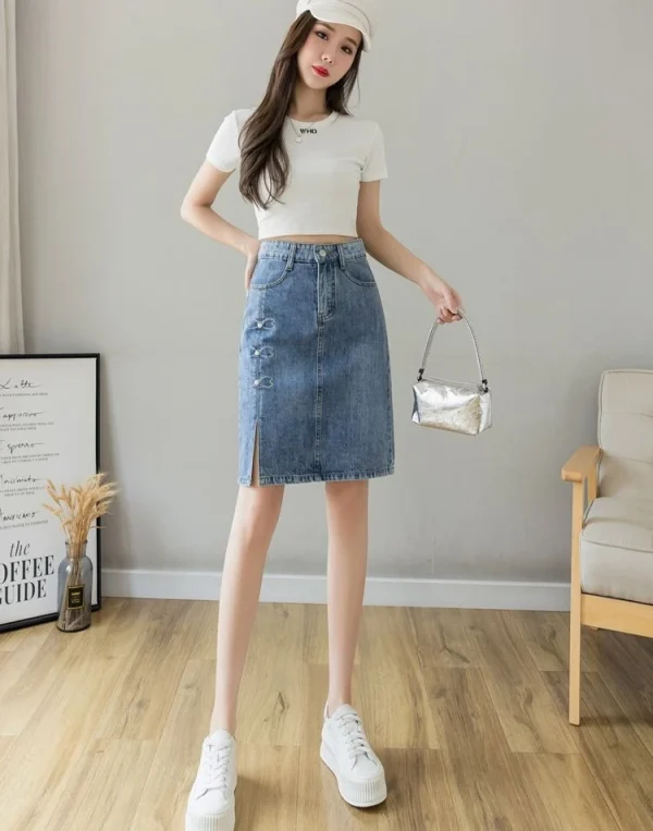 Luxury Elegant Chic Knees Length With Slit High Waist Streetwear Denim Skirt