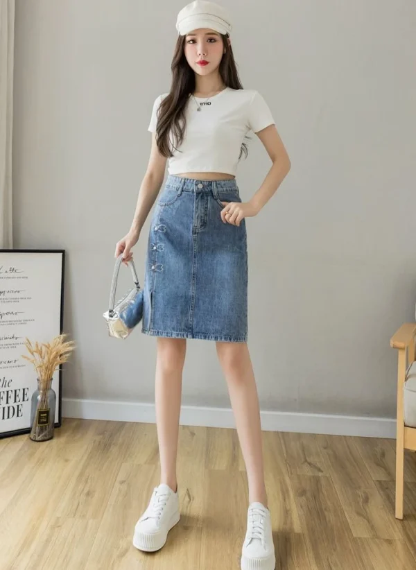 Luxury Elegant Chic Knees Length With Slit High Waist Streetwear Denim Skirt - Image 2