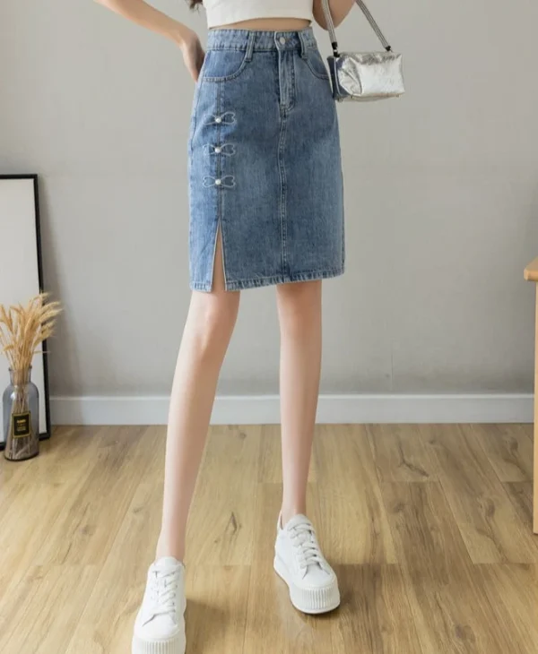 Luxury Elegant Chic Knees Length With Slit High Waist Streetwear Denim Skirt - Image 5
