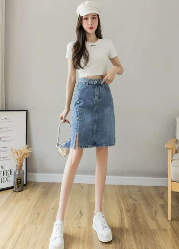 Luxury Elegant Chic Knees Length With Slit High Waist Streetwear Denim Skirt - Image 3