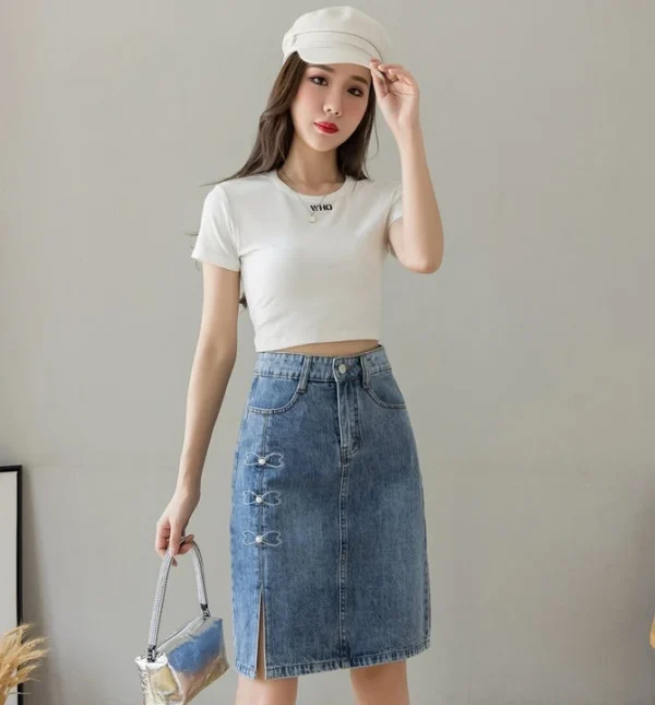 Luxury Elegant Chic Knees Length With Slit High Waist Streetwear Denim Skirt - Image 6