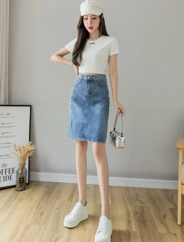Luxury Elegant Chic Knees Length With Slit High Waist Streetwear Denim Skirt - Image 4