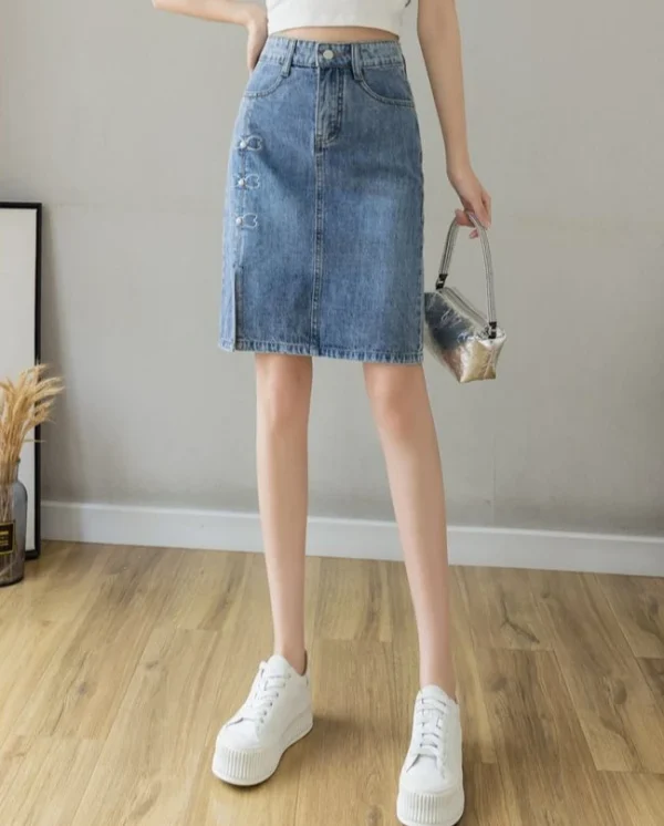 Luxury Elegant Chic Knees Length With Slit High Waist Streetwear Denim Skirt - Image 7