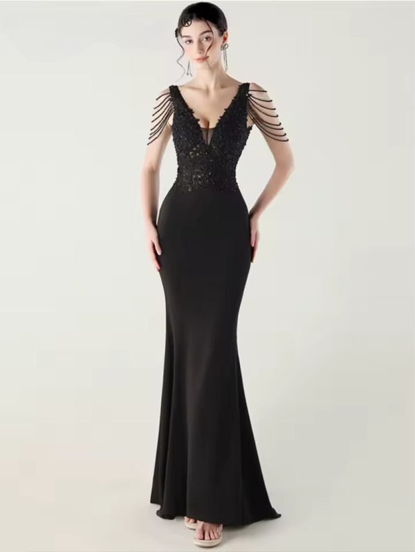 Luxury Fashion V-Neck Backless Sleeveless Rhinestone Vestidos Maxi Dress - Image 4