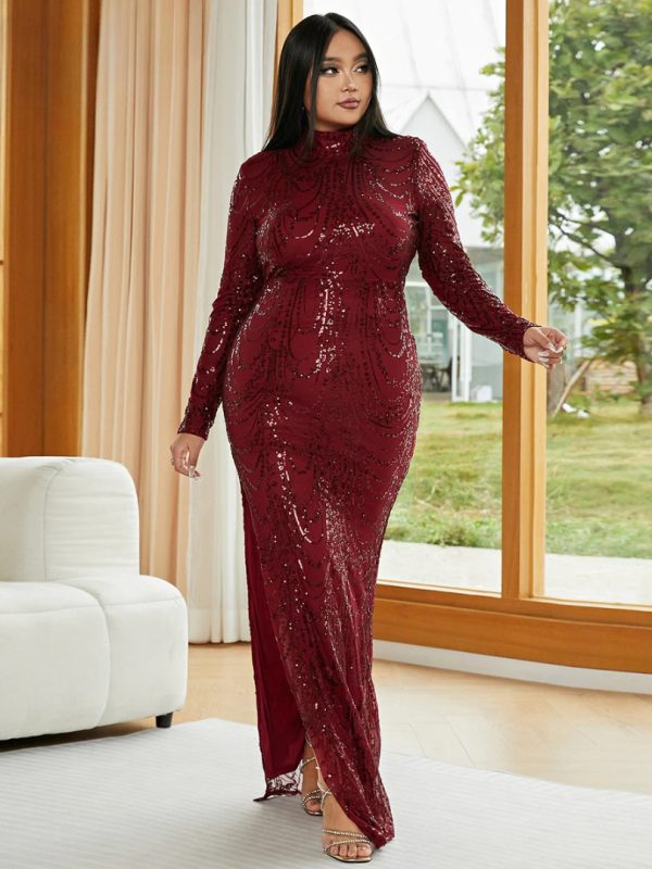 Luxury High Quality Round Neck Long Sleeved Sequine Split Gown Maxi Dress - Image 6