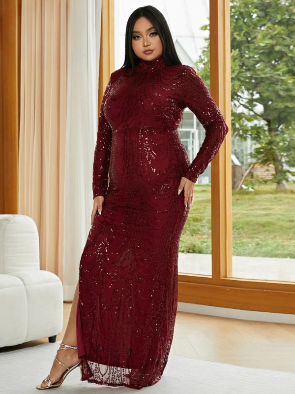 Luxury High Quality Round Neck Long Sleeved Sequine Split Gown Maxi Dress - Image 5