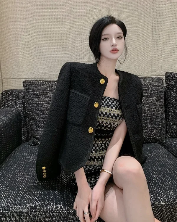 Luxury High Quality Street Woolen Tweed Jacket Outwear - Image 10