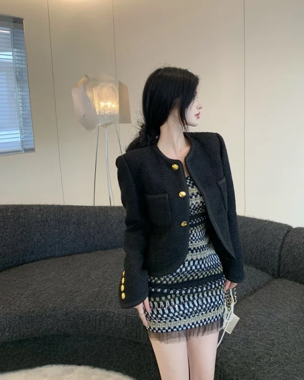 Luxury High Quality Street Woolen Tweed Jacket Outwear - Image 11