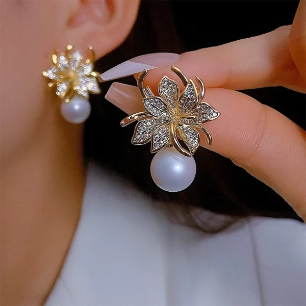 Luxury Inlaid Sparkling Zircon CZ Wedding Gorgeous Flower Imitation Pearl Earrings - Image 2