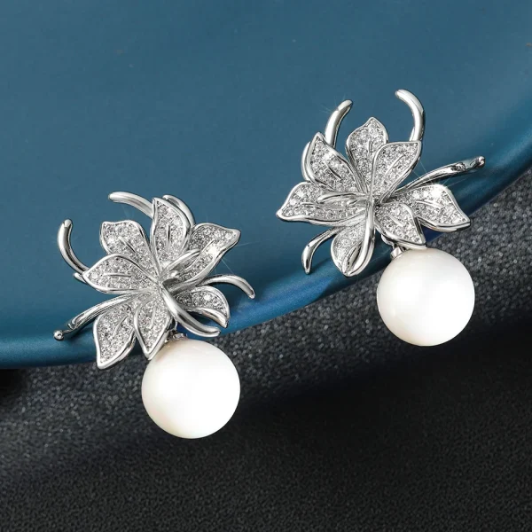 Luxury Inlaid Sparkling Zircon CZ Wedding Gorgeous Flower Imitation Pearl Earrings - Image 3