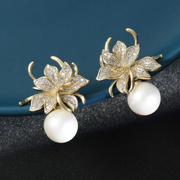 Luxury Inlaid Sparkling Zircon CZ Wedding Gorgeous Flower Imitation Pearl Earrings - Image 4