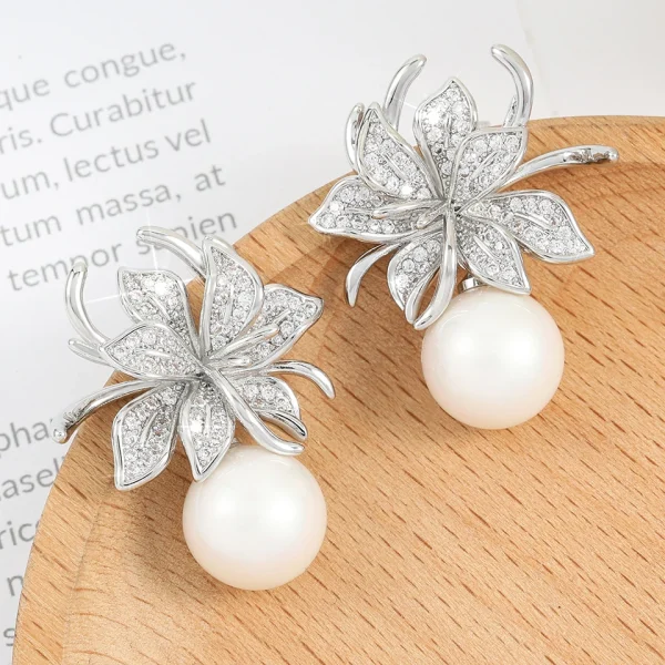 Luxury Inlaid Sparkling Zircon CZ Wedding Gorgeous Flower Imitation Pearl Earrings - Image 5