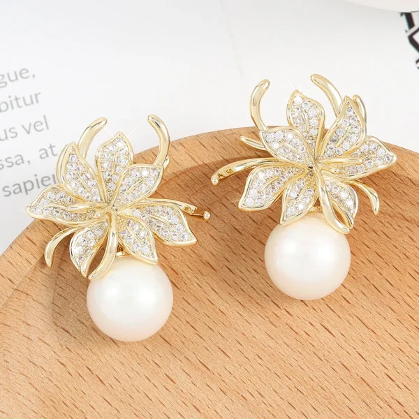 Luxury Inlaid Sparkling Zircon CZ Wedding Gorgeous Flower Imitation Pearl Earrings - Image 6