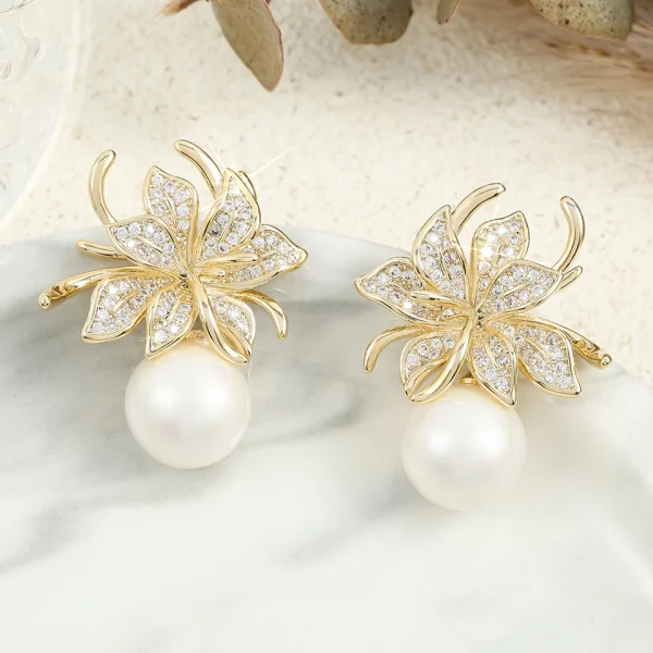 Luxury Inlaid Sparkling Zircon CZ Wedding Gorgeous Flower Imitation Pearl Earrings - Image 7