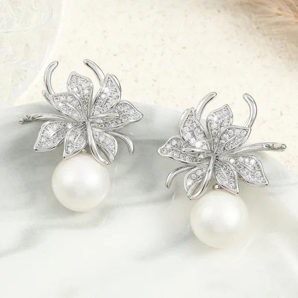 Luxury Inlaid Sparkling Zircon CZ Wedding Gorgeous Flower Imitation Pearl Earrings - Image 8