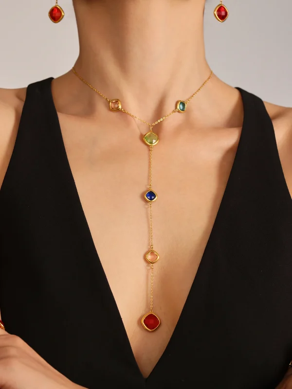 Luxury Long Square Stainless Steel Czech Glass Gold Plated Waterproof Charm Pendant Necklace