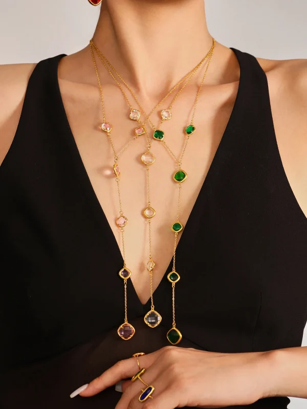 Luxury Long Square Stainless Steel Czech Glass Gold Plated Waterproof Charm Pendant Necklace - Image 3
