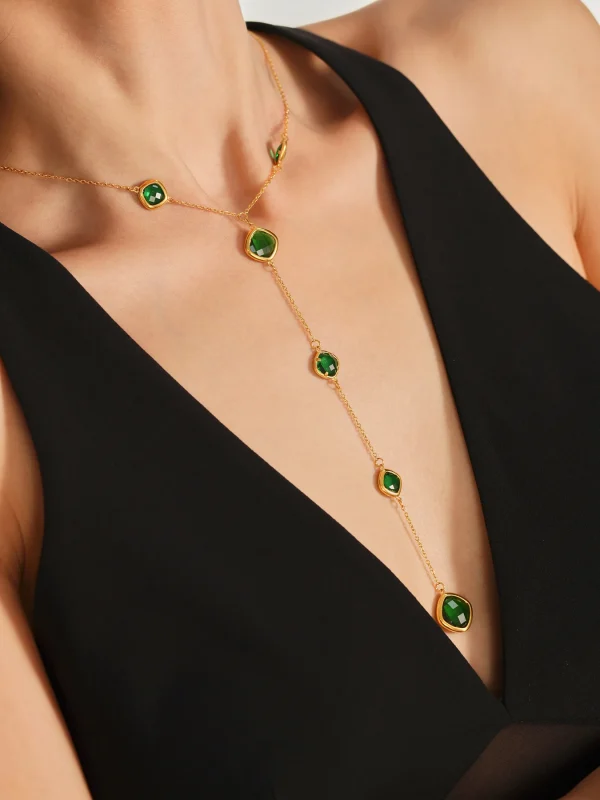 Luxury Long Square Stainless Steel Czech Glass Gold Plated Waterproof Charm Pendant Necklace - Image 4