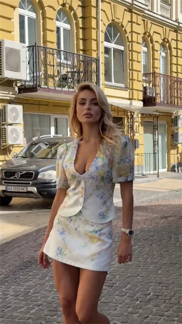 Luxury Printed V-Neck Cardigan Top High Waisted Skirt Sets - Image 3