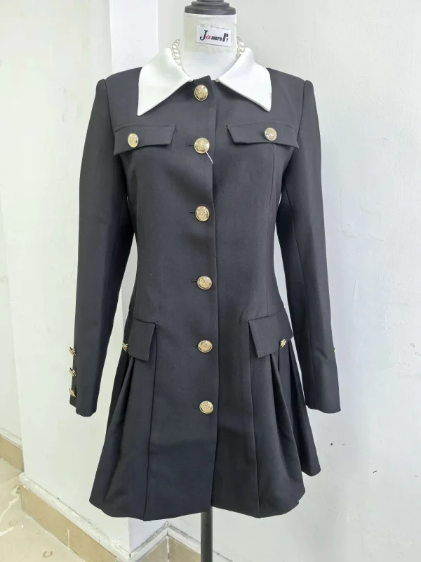 Luxury Quality Pleated Single Breasted Button Long Full Sleeve Blazer Dress - Image 4