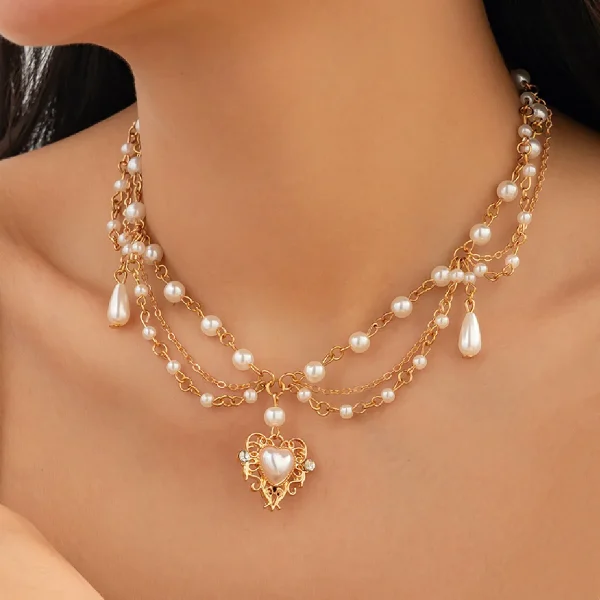 Luxury Romantic Link Chain Multilayer Imitation Pearl Heart Pendant Necklace - Image 2