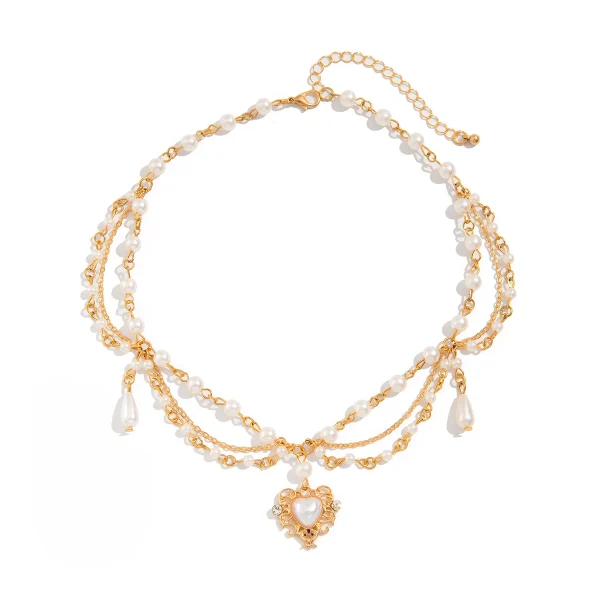 Luxury Romantic Link Chain Multilayer Imitation Pearl Heart Pendant Necklace - Image 4