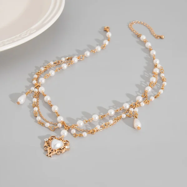 Luxury Romantic Link Chain Multilayer Imitation Pearl Heart Pendant Necklace - Image 3