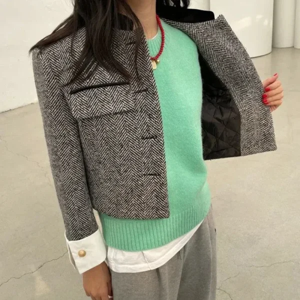 Metal Button Stand Collar Pockets Plaid Long Sleeve Cropped Jackets - Image 5