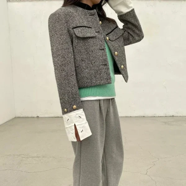 Metal Button Stand Collar Pockets Plaid Long Sleeve Cropped Jackets - Image 3
