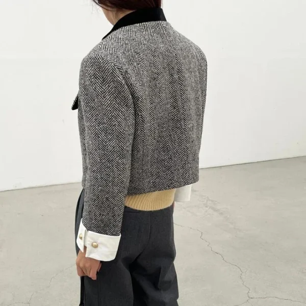 Metal Button Stand Collar Pockets Plaid Long Sleeve Cropped Jackets - Image 6