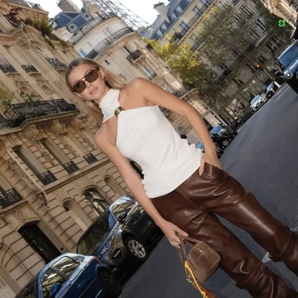 Metal Ring Solid Sleeveless Patchwork Vacation Slim Party Elegant Top - Image 5